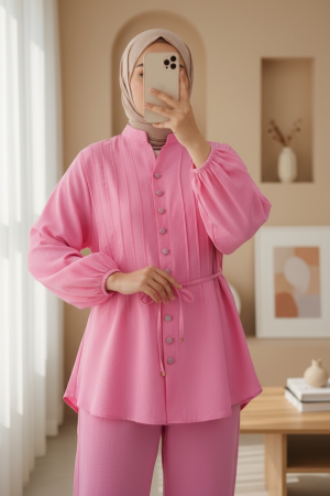 Kolu Bağcıklı Düğmeli V Yaka Tunik Pantolon Takım -Pembe