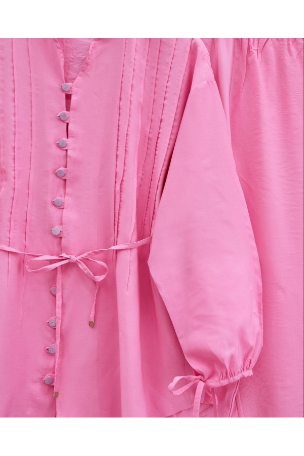 Kolu Bağcıklı Düğmeli V Yaka Tunik Pantolon Takım -Pembe