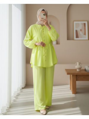 Kolu Bağcıklı Düğmeli V Yaka Tunik Pantolon Takım -Sarı