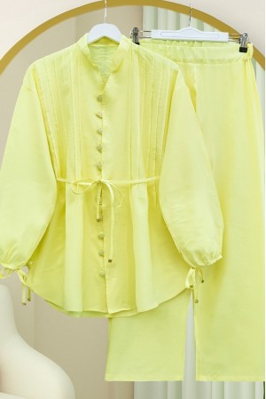 V-Neck Tunic Trouser Set with Laced Sleeves and Buttons -Yellow