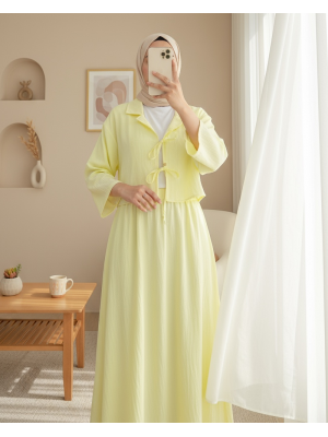 Kruvaze Yaka Çift Bağcıklı Etekli Takım -Açık Sarı