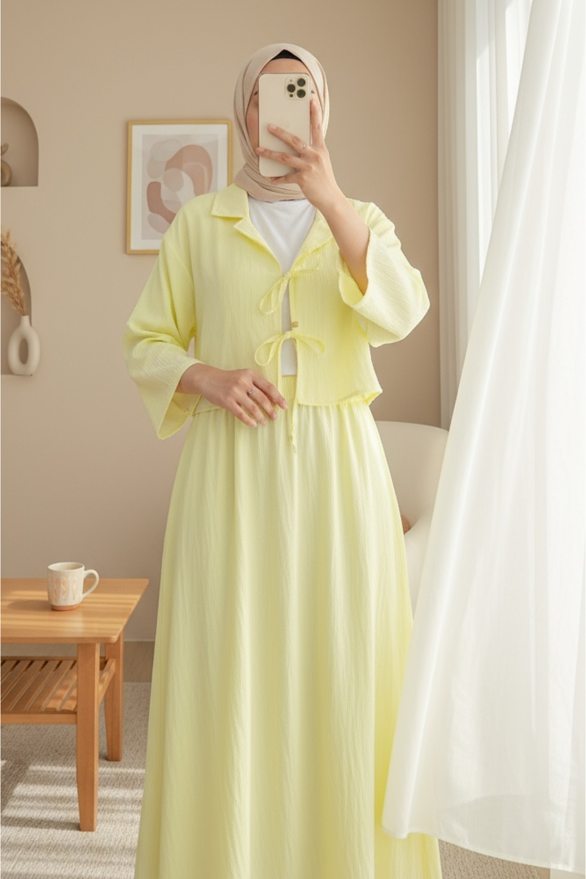 Double-Breasted Double-Laced Skirt Suit -Light yellow