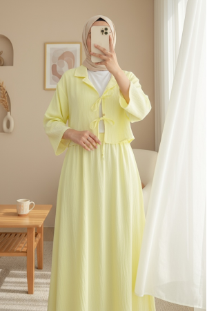 Kruvaze Yaka Çift Bağcıklı Etekli Takım -Açık Sarı