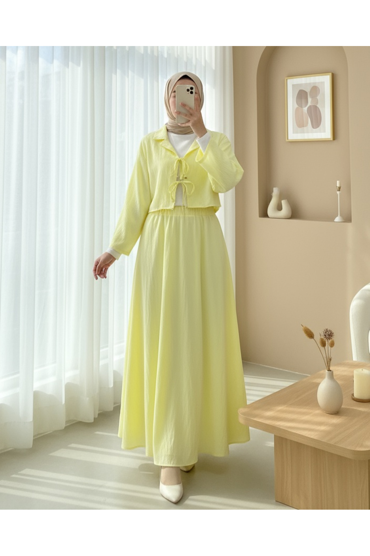 Double-Breasted Double-Laced Skirt Suit -Light yellow