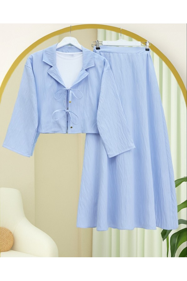 Double-Breasted Double-Laced Skirt Suit -Baby Blue