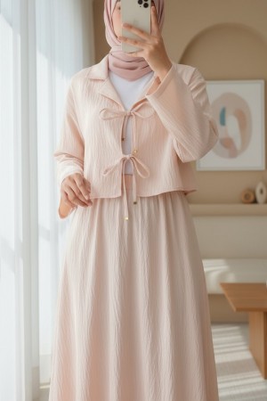 Kruvaze Yaka Çift Bağcıklı Etekli Takım -Bej