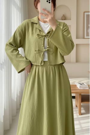 Kruvaze Yaka Çift Bağcıklı Etekli Takım -Yağ Yeşili