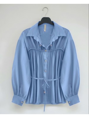 Robadan Büzgülü Beli Bağcıklı Gömlek -Bebe Mavi