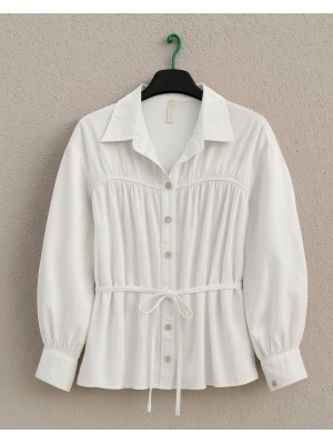 Robadan Büzgülü Beli Bağcıklı Gömlek -Beyaz