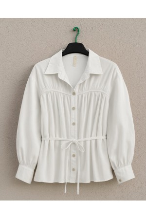 Robadan Büzgülü Beli Bağcıklı Gömlek -Beyaz