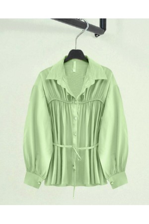 Shirt with Drawstring Waist and Tie -Cagla Green