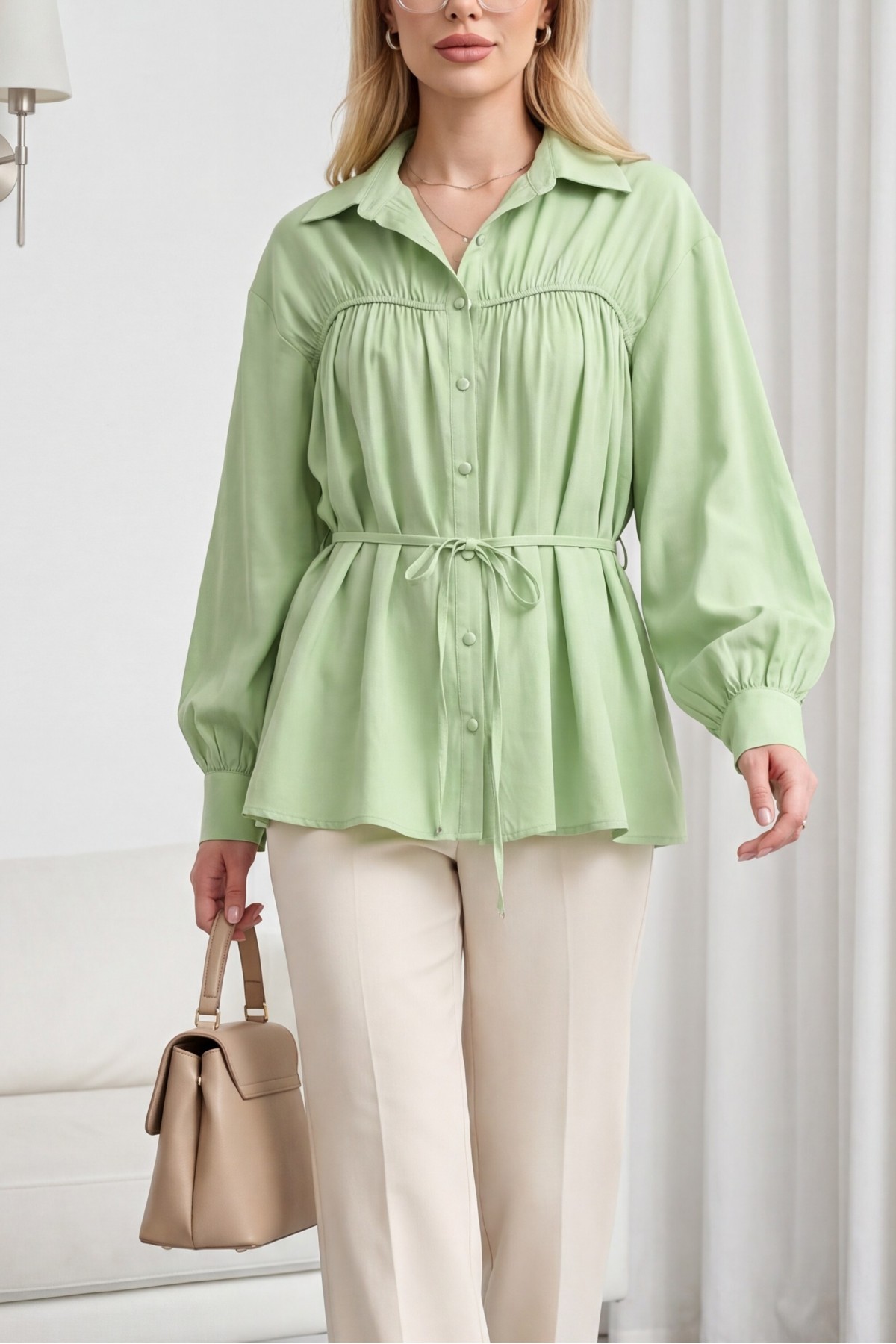 Shirt with Drawstring Waist and Tie -Cagla Green
