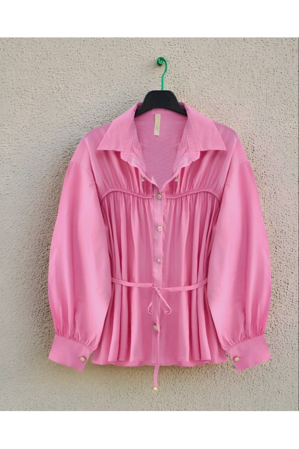 Robadan Büzgülü Beli Bağcıklı Gömlek -Pembe