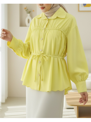 Robadan Büzgülü Beli Bağcıklı Gömlek -Sarı