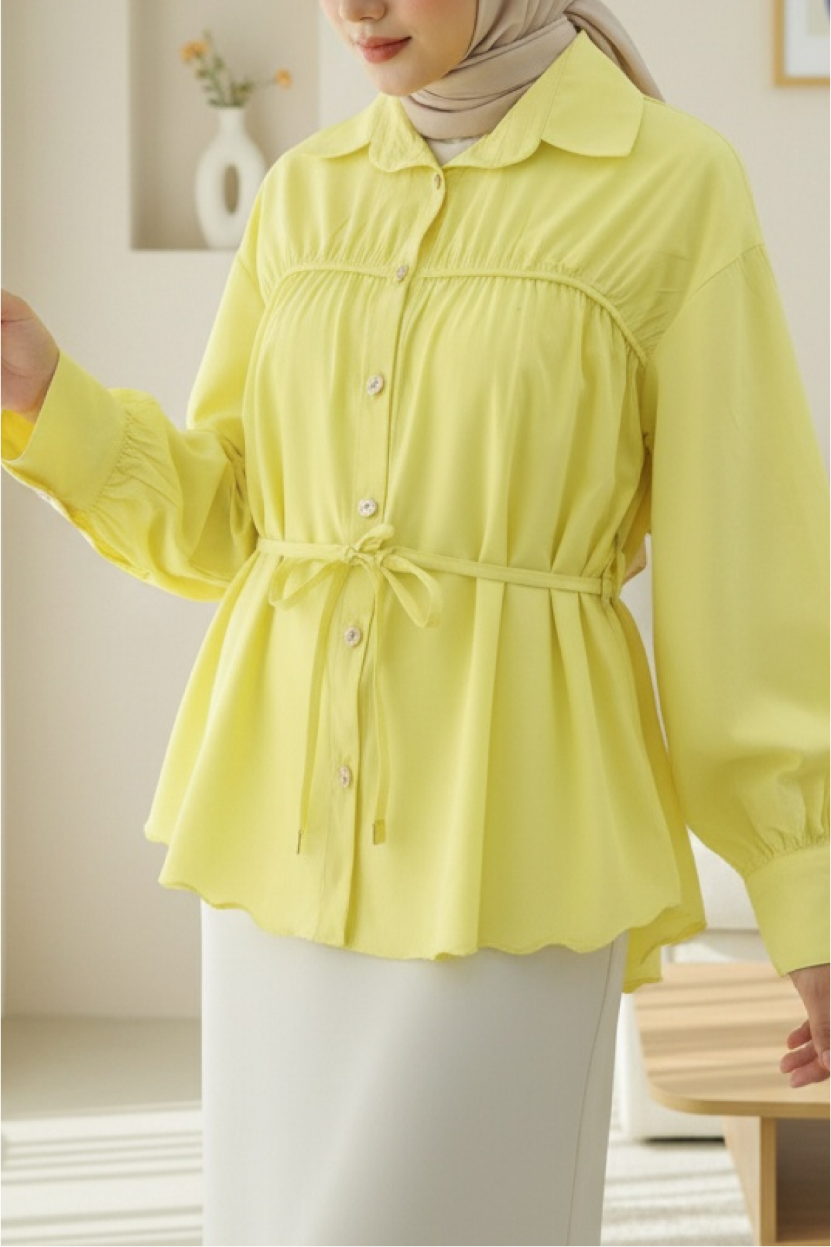 Shirt with Drawstring Waist and Tie -Yellow