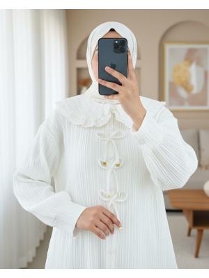 Önü Kurdele Detaylı Düğmeli Önlük Yaka Gömlek  -Beyaz