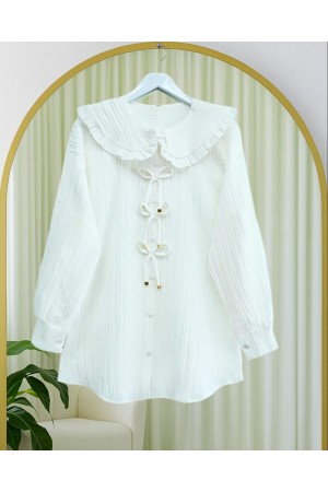 Önü Kurdele Detaylı Düğmeli Önlük Yaka Gömlek  -Beyaz