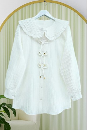 Önü Kurdele Detaylı Düğmeli Önlük Yaka Gömlek  -Beyaz