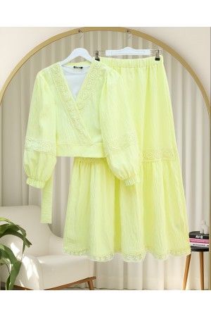 Lace Detailed Tied Elastic Sleeve Knit Skirt Suit -Light yellow