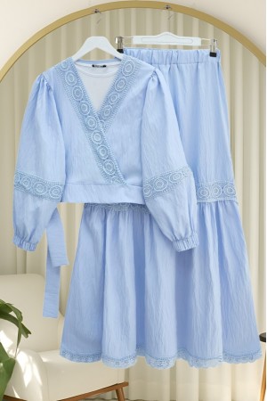 Dantel Detaylı Bağlamalı Kolu Lastikli Kraş Etekli Takım  -Bebe Mavi