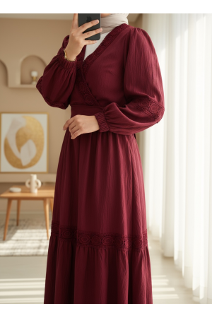 Lace Detailed Tied Elastic Sleeve Knit Skirt Suit -Maroon