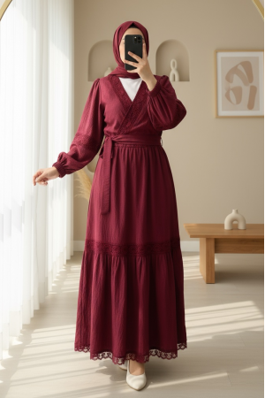 Lace Detailed Tied Elastic Sleeve Knit Skirt Suit -Maroon