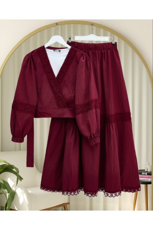 Lace Detailed Tied Elastic Sleeve Knit Skirt Suit -Maroon