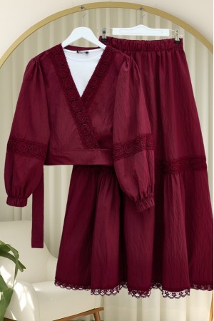 Lace Detailed Tied Elastic Sleeve Knit Skirt Suit -Maroon