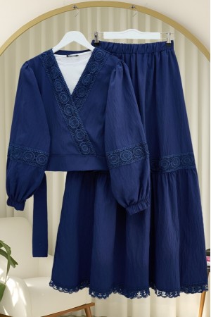 Lace Detailed Tied Elastic Sleeve Knit Skirt Suit -Navy blue