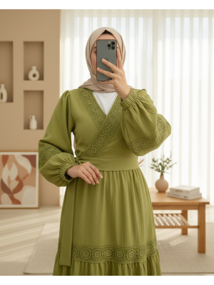 Dantel Detaylı Bağlamalı Kolu Lastikli Kraş Etekli Takım  -Zeytin