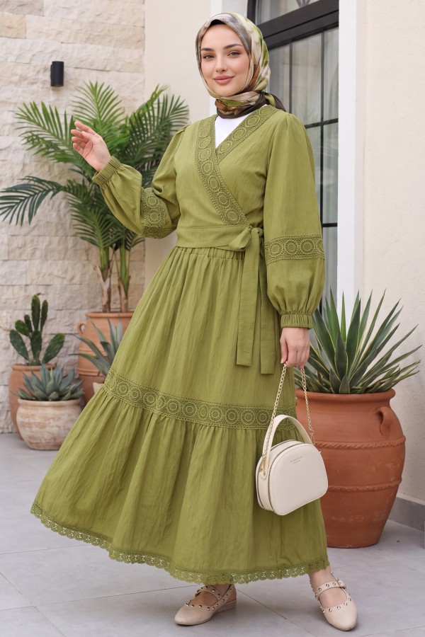 Lace Detailed Tied Elastic Sleeve Knit Skirt Suit -Olive
