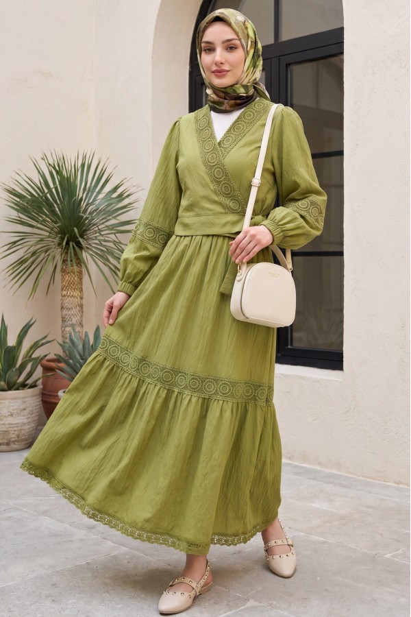 Lace Detailed Tied Elastic Sleeve Knit Skirt Suit -Olive