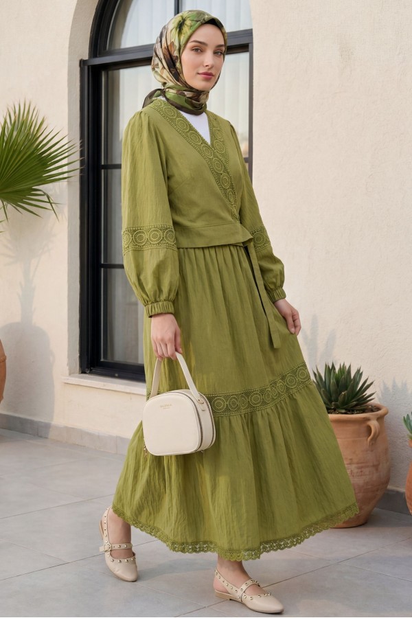 Lace Detailed Tied Elastic Sleeve Knit Skirt Suit -Olive