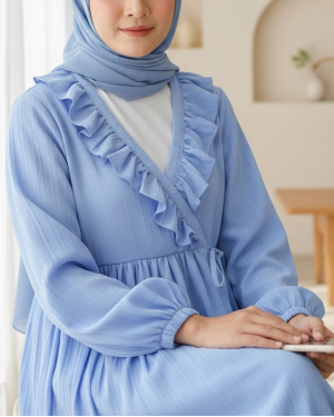 Fırfırlı Önü Bağcıklı Kolu Lastikli Kimono  -Mavi