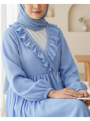 Fırfırlı Önü Bağcıklı Kolu Lastikli Kimono  -Mavi