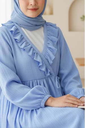 Fırfırlı Önü Bağcıklı Kolu Lastikli Kimono  -Mavi