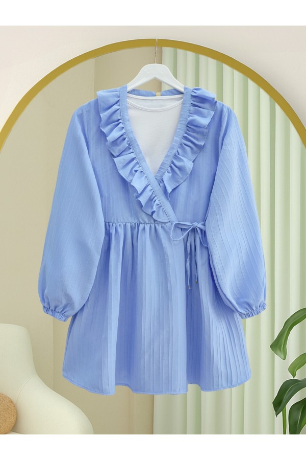 Fırfırlı Önü Bağcıklı Kolu Lastikli Kimono  -Mavi