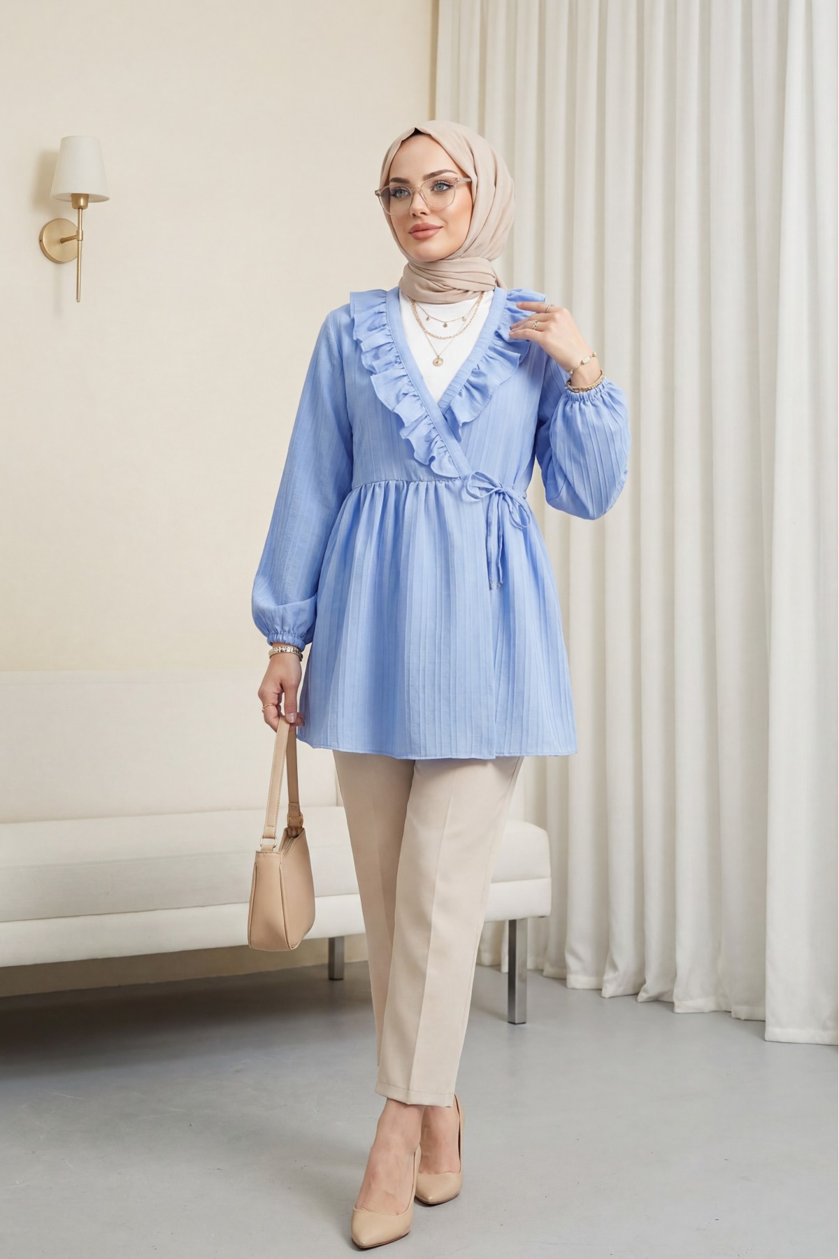 Fırfırlı Önü Bağcıklı Kolu Lastikli Kimono  -Mavi