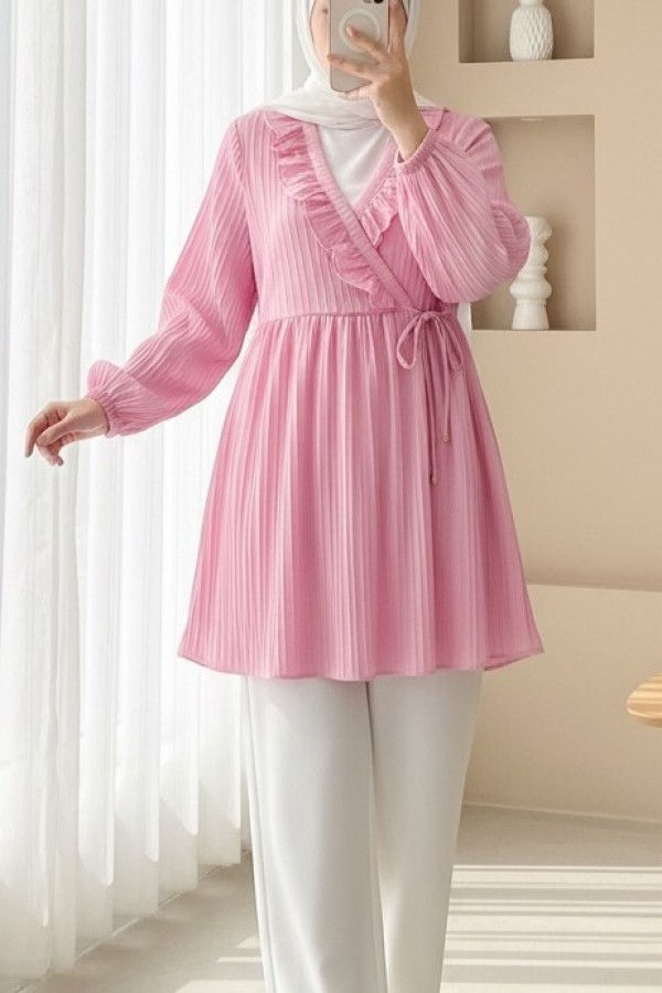 Fırfırlı Önü Bağcıklı Kolu Lastikli Kimono  -Pudra