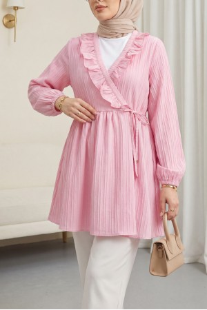 Fırfırlı Önü Bağcıklı Kolu Lastikli Kimono  -Pudra