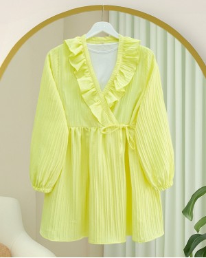 Fırfırlı Önü Bağcıklı Kolu Lastikli Kimono  -Sarı