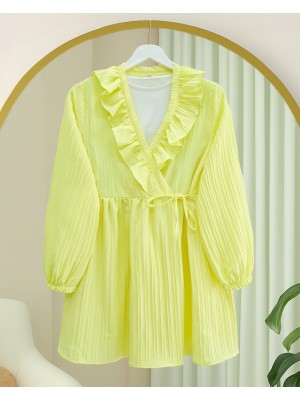 Fırfırlı Önü Bağcıklı Kolu Lastikli Kimono  -Sarı