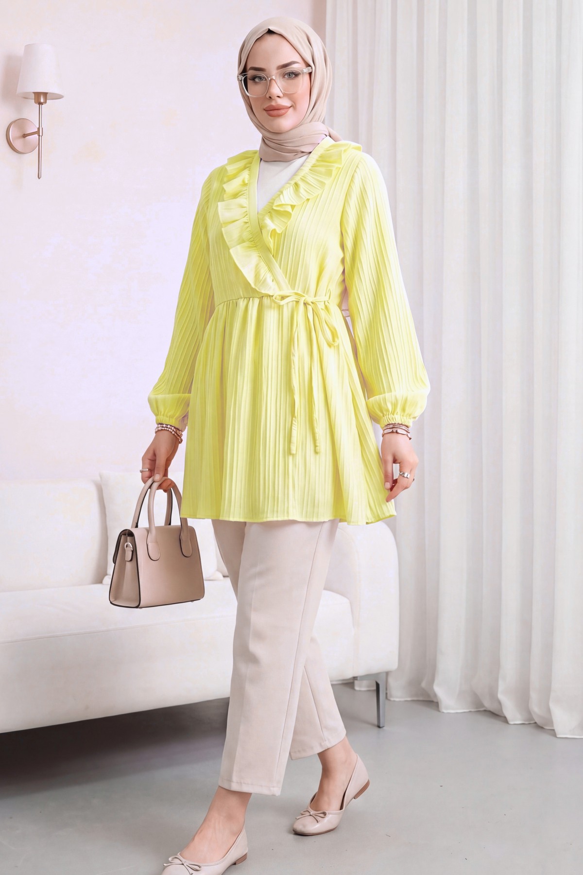 Fırfırlı Önü Bağcıklı Kolu Lastikli Kimono  -Sarı