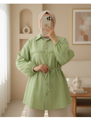 Taşlı Düğmeli Beli Bağlamalı Dantel Detaylı Gömlek -A.Yeşil