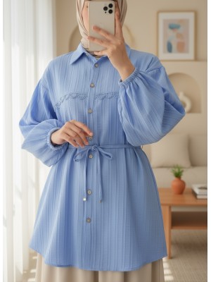 Taşlı Düğmeli Beli Bağlamalı Dantel Detaylı Gömlek -Mavi