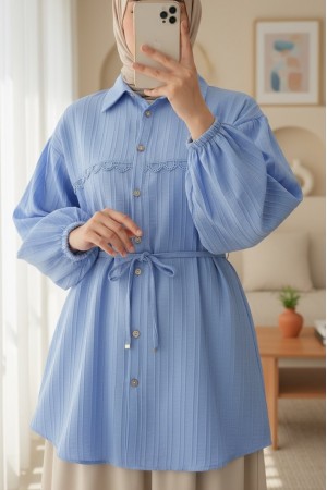 Stoned Buttoned Waist Tied Lace Detailed Shirt -Blue