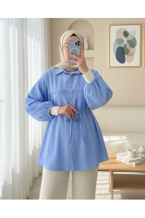 Stoned Buttoned Waist Tied Lace Detailed Shirt -Blue