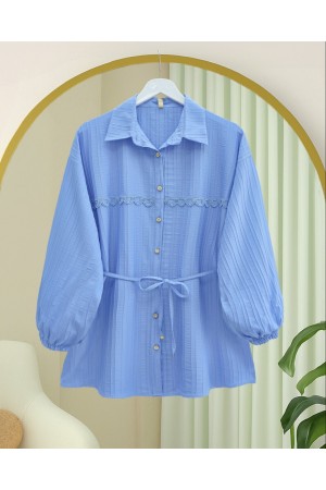 Stoned Buttoned Waist Tied Lace Detailed Shirt -Blue