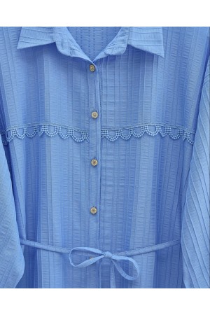 Stoned Buttoned Waist Tied Lace Detailed Shirt -Blue