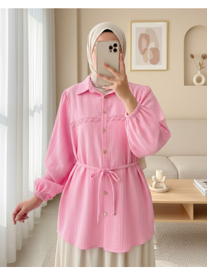 Taşlı Düğmeli Beli Bağlamalı Dantel Detaylı Gömlek -Pembe
